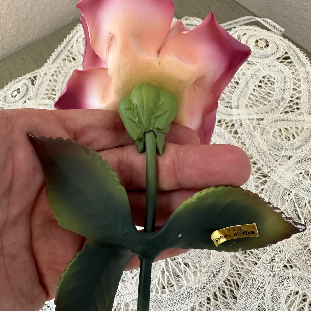 Vintage Ceramic  Pink White Single Rose Flower
Branch - Picture 3 of 5